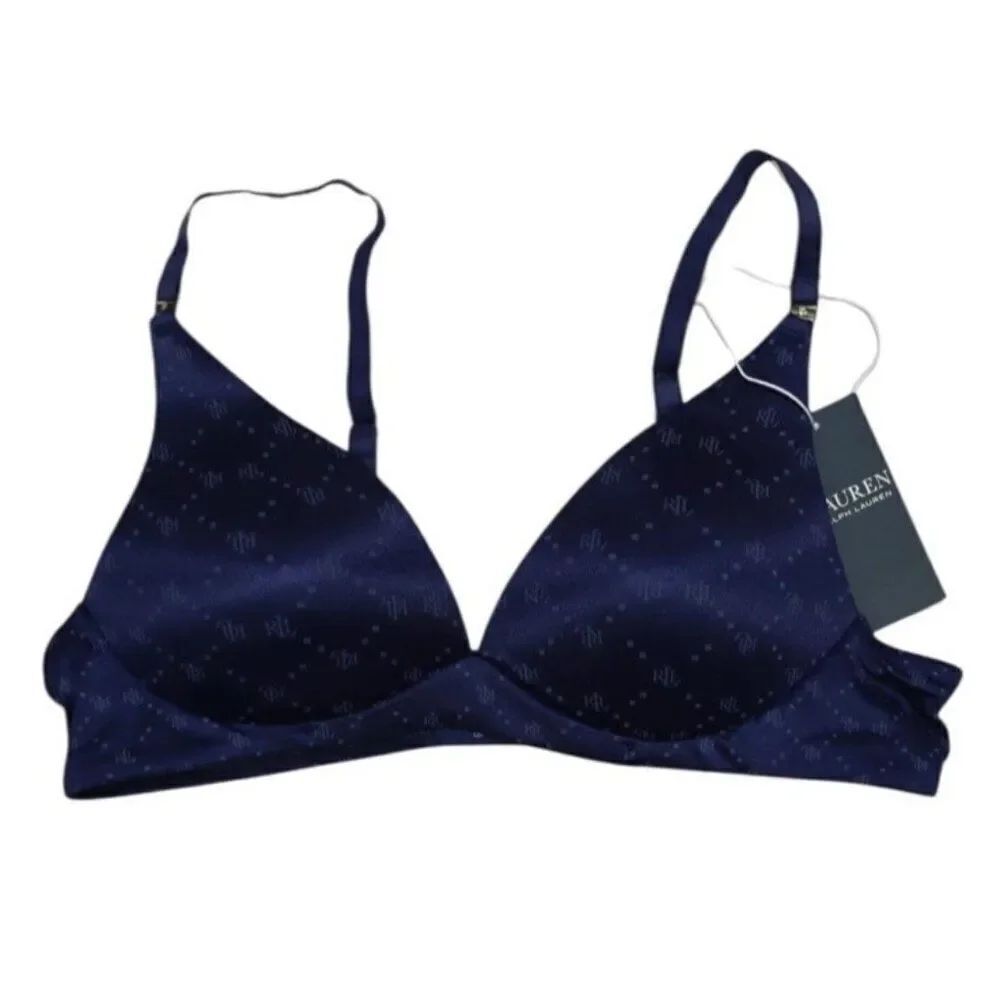 Ralph Lauren Comfort Collection RLL Logo Wireless T Shirt Bra Navy Blue 32DD NWT